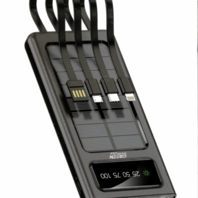 Φορητός Ηλιακός Φορτιστής (Power Bank) 12000mAh – Με Ενσωματωμένα Καλώδια & Οθόνη LED